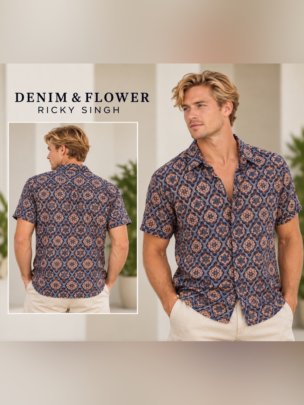 Denim & Flower Navy and Tan Geo Floral Short-Sleeve Button-Down